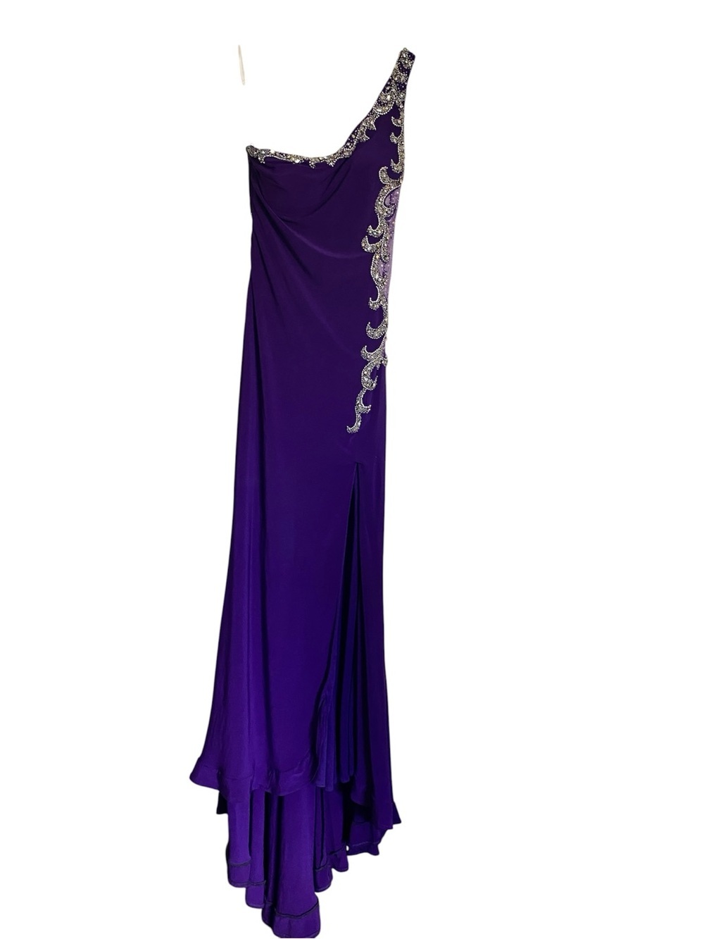 One-Shoulder Purple Formal Evening Gown Maxi Dress with Embellished Trim Size 2